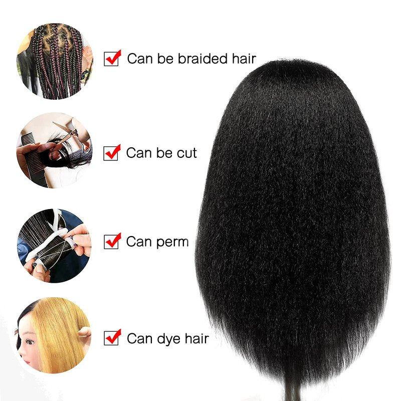 ISHOT Mannequin Head With Hair,100% Real Human Hair,Hairdresser Training Head,Doll Head,Beauty School Hair Practice Head,Manikin Cosmetology Black