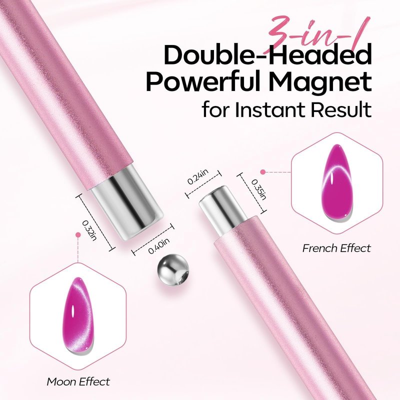 modelones Cat Eye Magnet Set, 6PCS 3-in-1 Dual-Head Nail Magnet Pen with Heart, Lightning & Sphere Shapes for Cateye Gel Polish, Side Light Wide Light Glass Glow Effects DIY Nail Art Tool(Magnet Only)