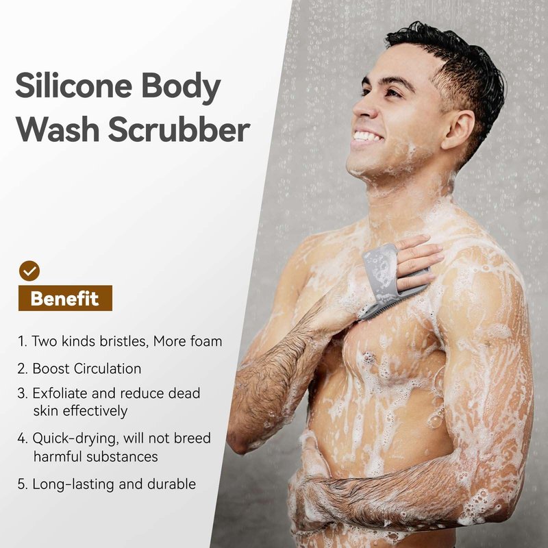 Silicone Body Scrubber in Shower for Men - with Enhanced Lather Bristles and Ergonomic Anti-Slippery Handle for Deeply Cleaning (Black + Gray + Pink)