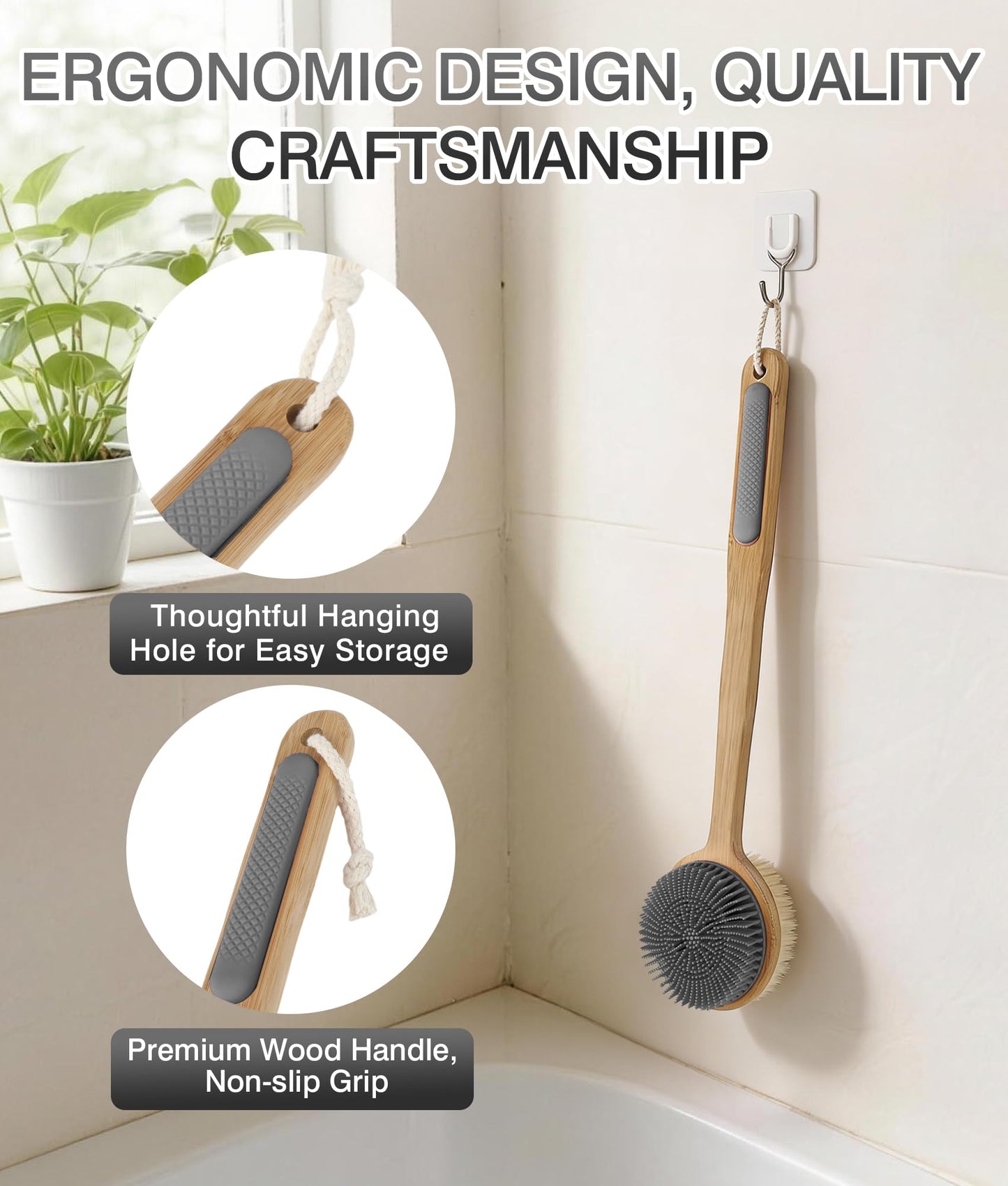 EaTubano Back Scrubber for Shower - Double-Sided Silicone and Super-Dense Bristles for Deep Cleaning & Exfoliation, Bamboo Long Handle with Wider Anti-Slip Grip, Rich Foam, Durable (Grey)