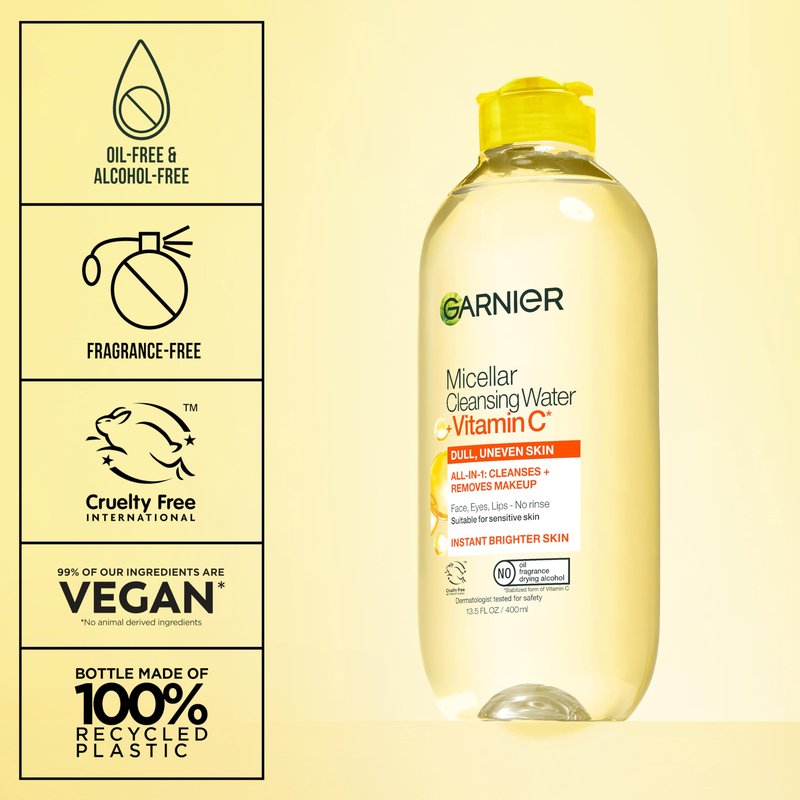 Garnier Micellar Water with Vitamin C, Facial Cleanser & Makeup Remover, Brightening & Hydrating, For All Skin Types, Vegan, Cruelty Free, 13.5 Fl Oz (400mL), 2 Count