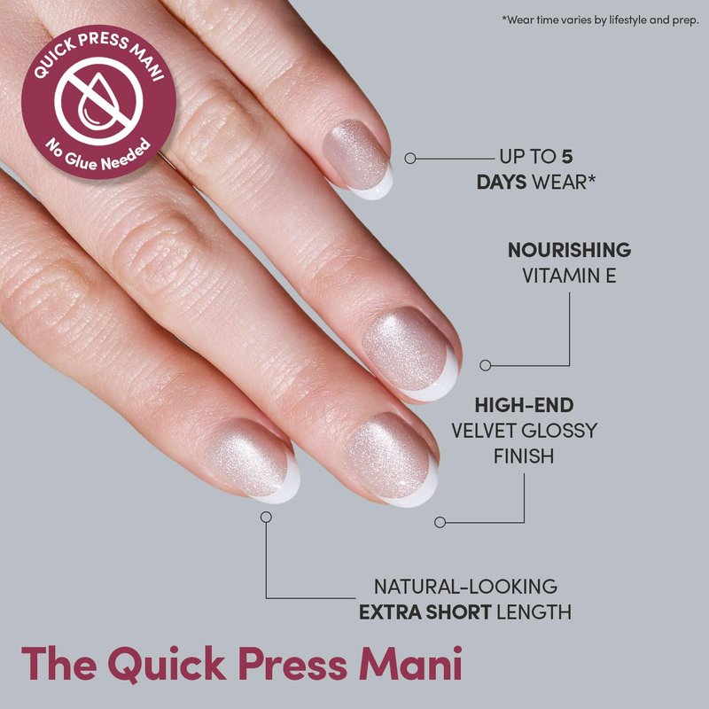 Glamnetic Quick Press Mani - No Glue Press On Nails, Just Peel and Stick, Round Extra Short Nails, Mess Free, Salon Quality Stick On Nails, Velvet French | in 15 Sizes - 30 Nail Kit