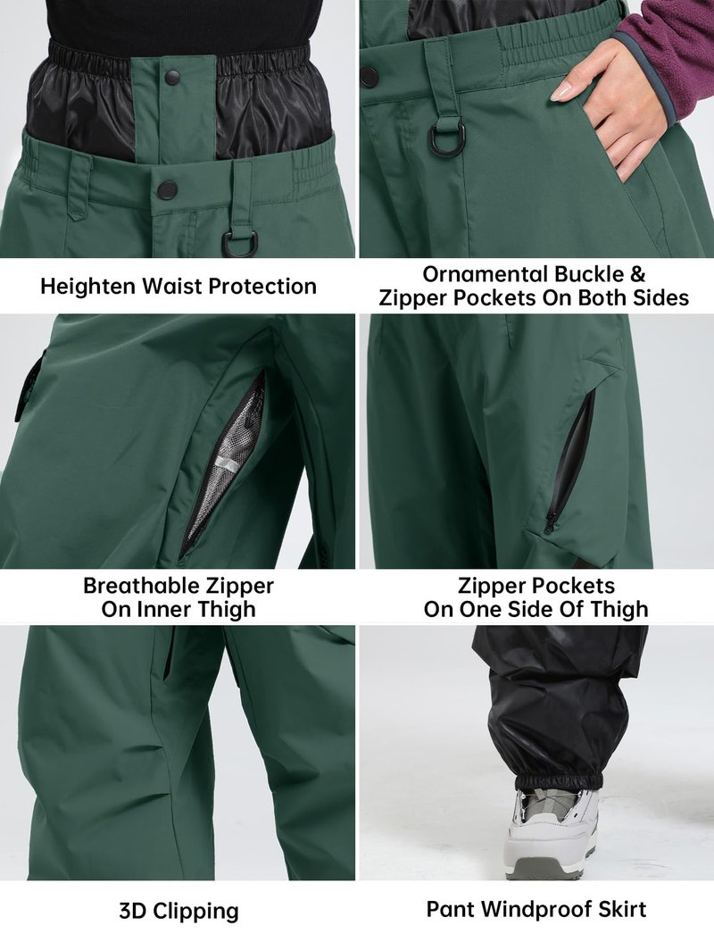 GSOU SNOW Womens Mens Snow Pants Baggy Snowboard Ski Pant Loose Waterproof Windproof Insulated Green