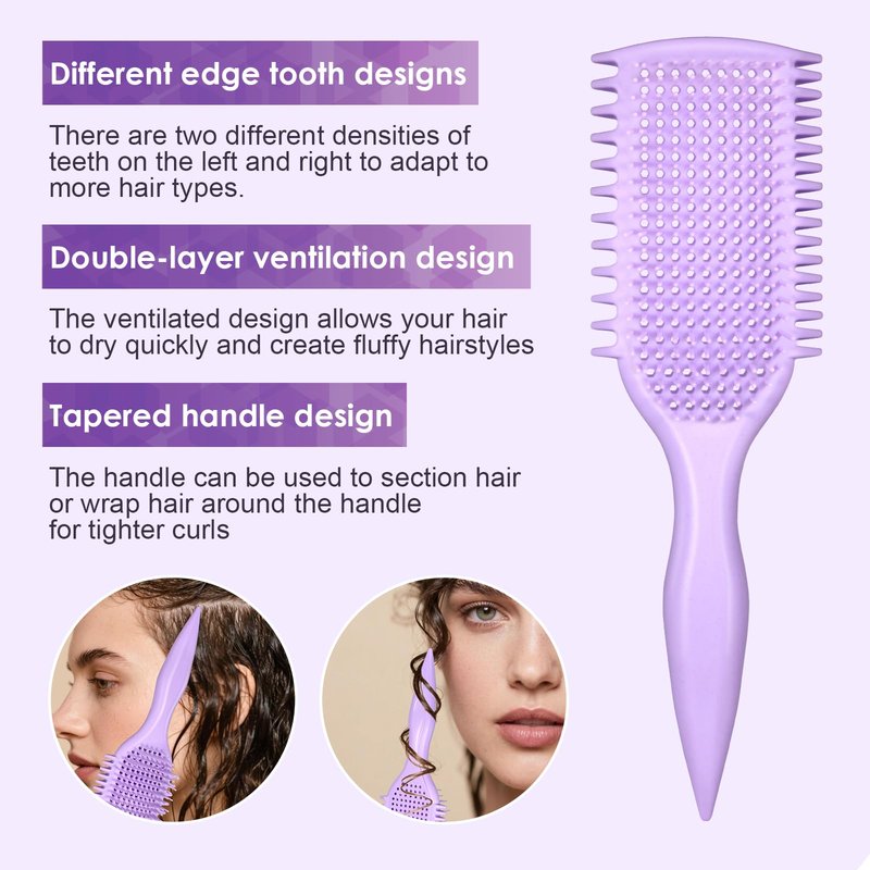 Curl Defining & Detangling Brush – Dual-Vented Curly Hair Brush for Wet & Dry Hair with Flexible Bristles – Reduces Frizz & Smooths Knots – For All Hair Types & Users (Purple)