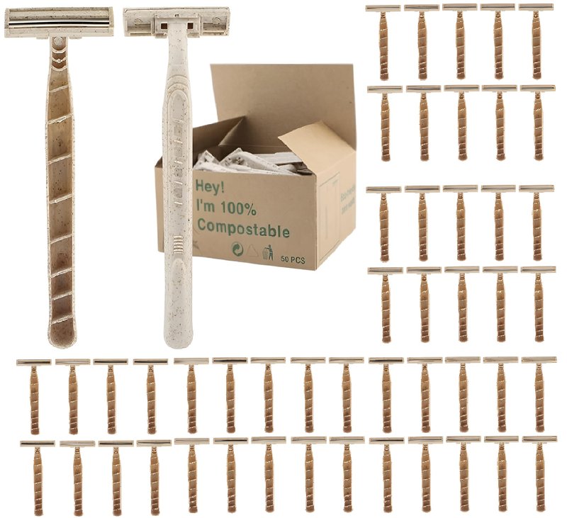 Disposable Razors Bulk for Men & Women – Twin Blade Unisex Shavers – Eco-Friendly, Biodegradable, Non-Toxic, Made from Recycled Wheat Straw 50 Count (Pack of 1) (50)