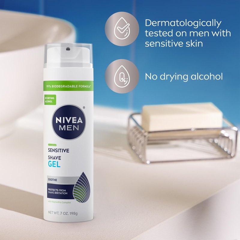 NIVEA MEN Sensitive Shave Gel, Shaving Gel for Men with Sensitive Skin, Enriched with VitaminPro Complex, 7 Oz Can, Pack of 3