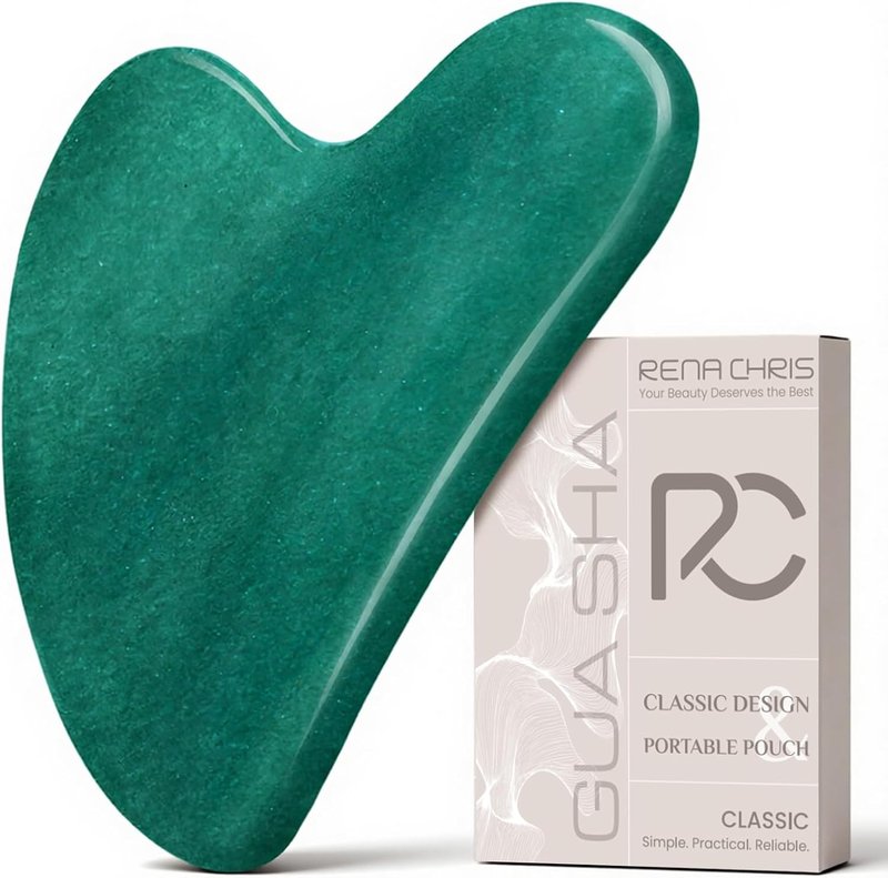 Rena Chris Gua Sha Tool - Jade Stone Facial Massager for Acupuncture Therapy | Reduces Puffiness & Sculpt Jawline (Green)