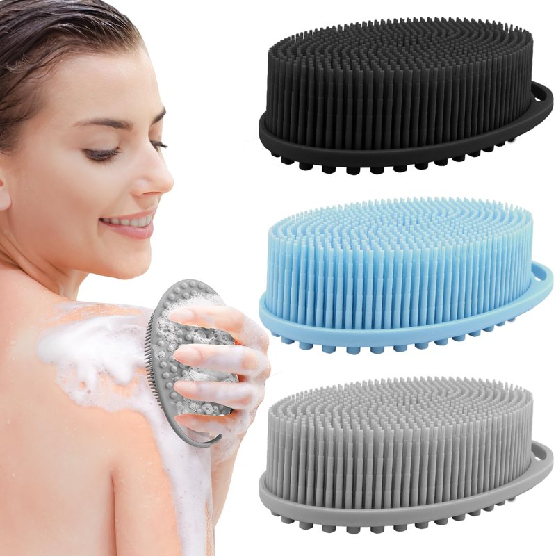 PQRUU 3 Pack Silicone Body Scrubbers for Use in Shower, Exfoliating Body Scrubber Fit for All Kinds of Skin, Soft Silicone Loofah for Women Men,Bath Scrubbers Rapid Foaming,Black,Blue,Gray