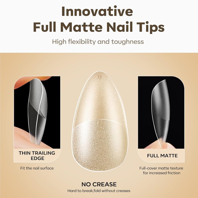 Modelones Medium Almond Nail Tips - 510 Pcs Pre-Shaped Full Matte Fake Nails | Stronger Press-On Extensions in 15 Sizes