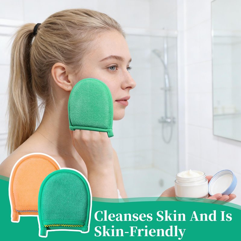 2 Pcs Exfoliating Facial Scrubber Mitt, Face Deep Exfoliating Cleaning Polishing Gloves Facial Cleansing Mitts Dead or Dry Skin Remover Face Cleaning Gloves for Men & Women (Green, Orange)