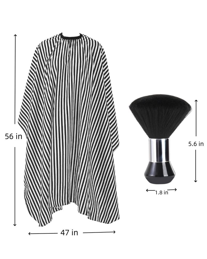 Professional Hair Cutting Cape - Large Salon Barber Cape with Neck Duster Brush | White & Black Stripes
