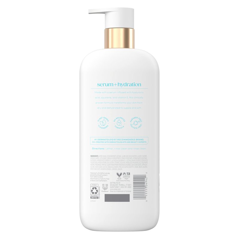 Dove Body Wash Hydration Boost Actively drenches dry skin 6% hydration serum with hyaluronic 18.5 oz
