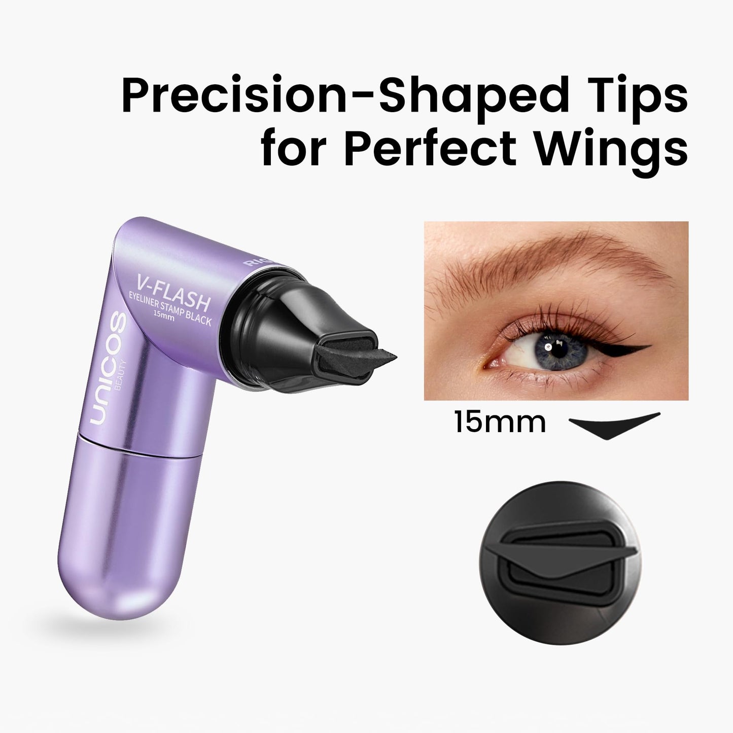 Unicos Winged Eyeliner Stamp - 90° Ergonomic Cat Eye Makeup Tool with Dual-Sided L/R Symmetry, Waterproof & Smudge-Proof Liquid Eye Liner Pen, 2.1ml High Capacity, Long Lasting Finish, 15mm