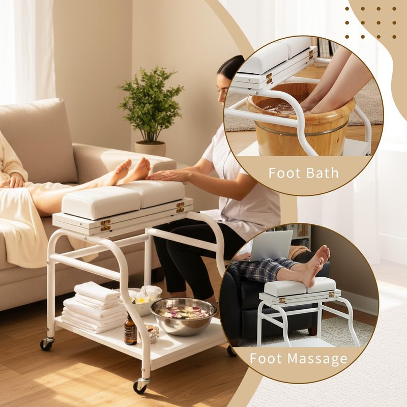 Geelin Pedicure Cart Foot Bath Trolley Portable Pedicure Station Beauty Salon Nail Bath Spa Rolling Cart Stand Supplies with Locking Wheels, Adjustable Manicure Foot Massage Stool, PU Cushion(White)