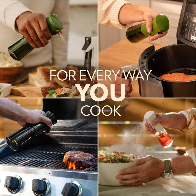 OLIVIA SIGNATURE Advanced Kitchen Oil Sprayer with Flairosol Technology, Fine Mist & Portion Control, Refillable Glass Olive Oil Cooking Spray Bottle for Air Fryer, Salad, BBQ, 200ml (Golden Leaves)