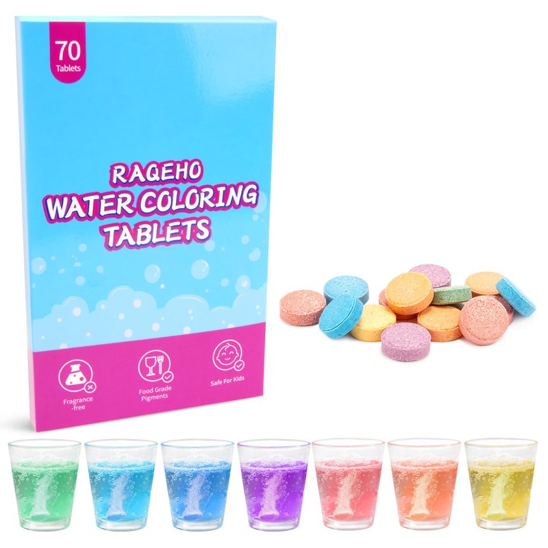 RAQEHO Colorful Bath Tablets, Water Coloring BathBomb, Fizzy, Fragrance Free & Non Toxic, Coloring Potion Tablets Spa Bath Stuff Science Experiments BathAccessories, 70 Count
