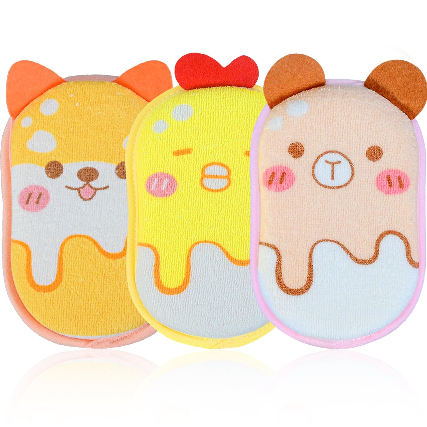 Baby and Kids Bath Loofah Sponge, Soft and Absorbent Toddler Exfoliating Body Scrubber Shower Loofa Sponge,Cute Pattern Design for Kids Baby Women Boys and Girl, 3 Pack (Bear/Dog/Chick)