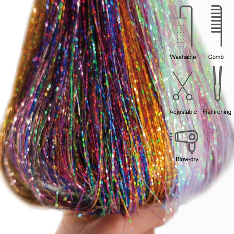 Skiennix Black Hair Tinsel Kit - 1200 Strands Heat Resistant Glitter Extensions | 47 Inch Fairy Hair Accessories for Women & Kids