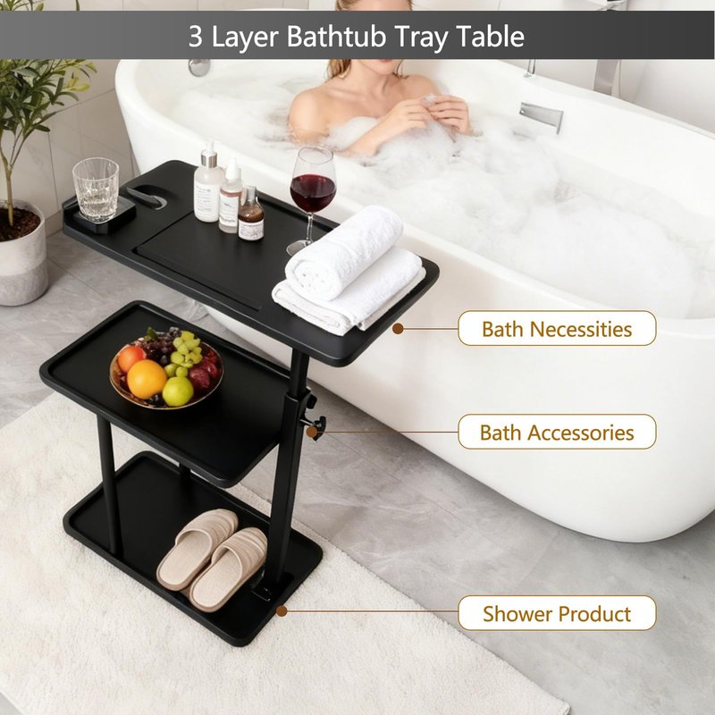 3 Layer Bathtub Tray Table,Bamboo Swivel Bathtub Side Table Height Adjustable,Freestanding Bathtub Tray for Tub Against Wall,Bathtub Accessories&Bathroom Organizer for Luxury Home Spa (Black1)