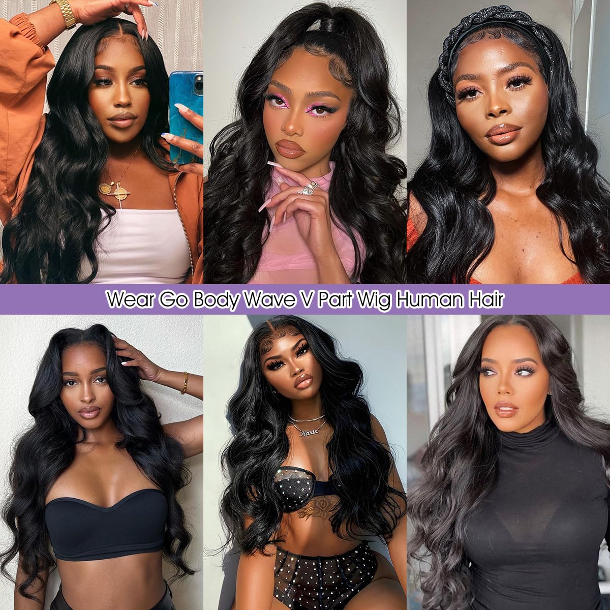 WEAR GO V Part Wig Human Hair Body Wave Upgrade U Part Human Hair Wig With Drawstring No Glue No Sew in 180% Density V Shape Clip In Half Wig For Women Natural Color 24 Inch