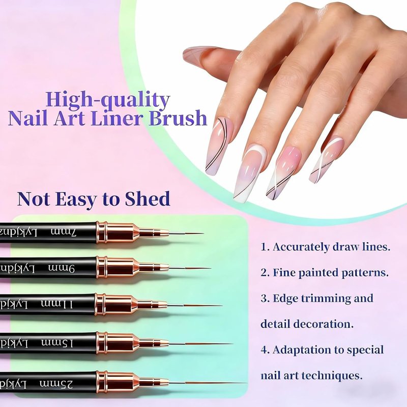 Nail Art Liner Brushes Set - 5 Pcs Thin Gel Brush for Precision Nail Design | Sizes 7-25 mm