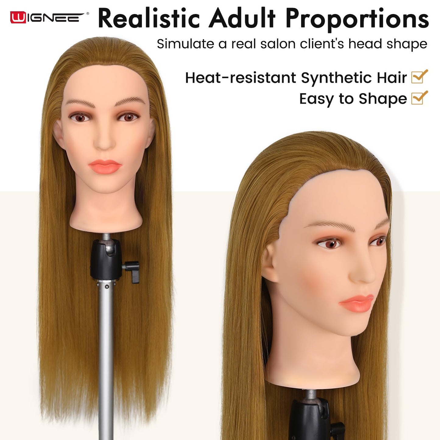 WIGNEE Professional Cosmetology Mannequin Head with Unique Realistic Face – Heat Resistant Synthetic Hair for Cutting & Styling Practice, Makeup-Friendly Training Head with Low Shedding, 26 Inch(27)