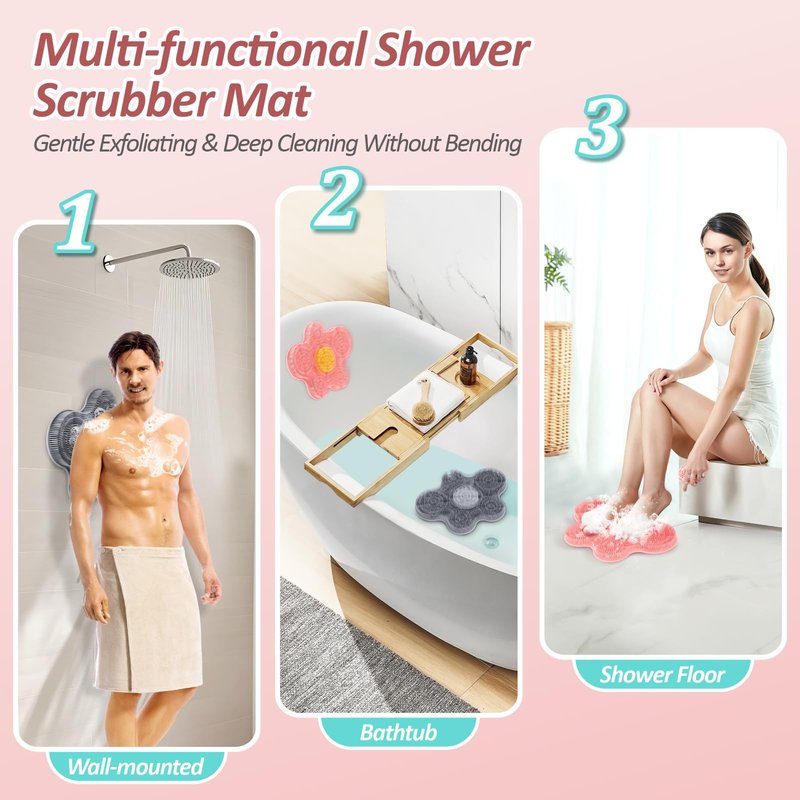 GEENOA Upgrade Silicone Shower Foot Scrubber Mat & Silicone Bath Brush Set, Large Wall-Mounted Back Scrubber Back Washer to Clean, Exfoliate and Massage Without Bending(Pink+Soft Brush)