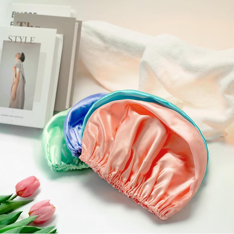 AmazerBath Shower Cap - 4 Pack Reusable Waterproof Hair Caps | Double Layered, Elastic Design for Adults & Kids