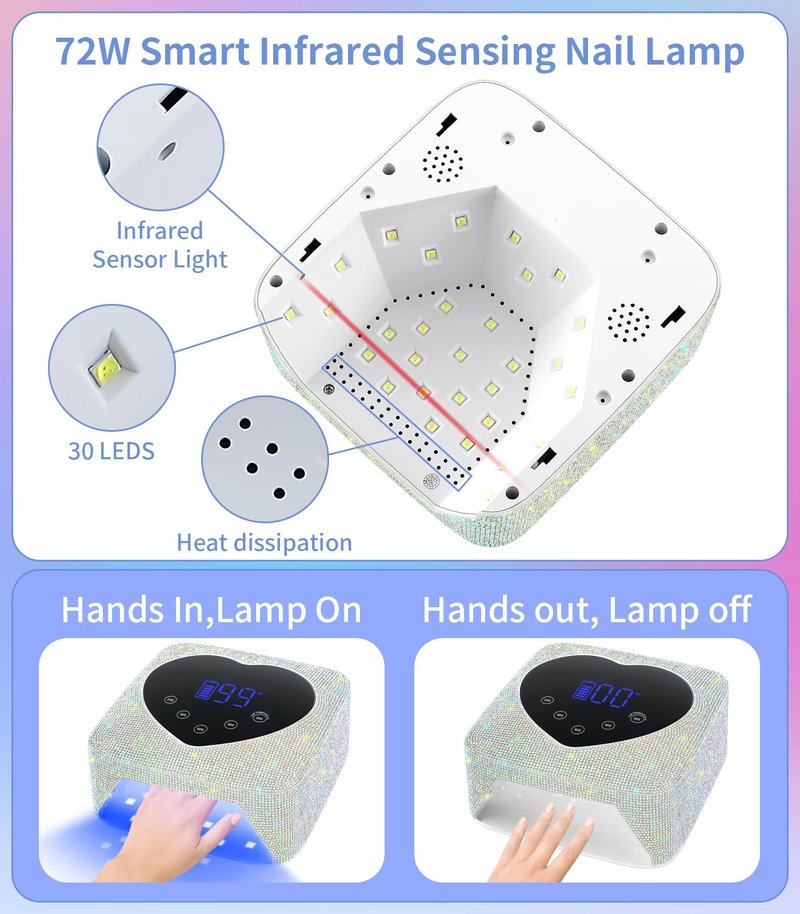 HUGMAPLE Cordless UV Nail Lamp for Gel Nails 72W, Rechargeable Diamond LED Nail Dryer with 5 Timer Setting, Touch Control & Auto Sensor, Fast Nail Light Curing Lamp for Salon & Home