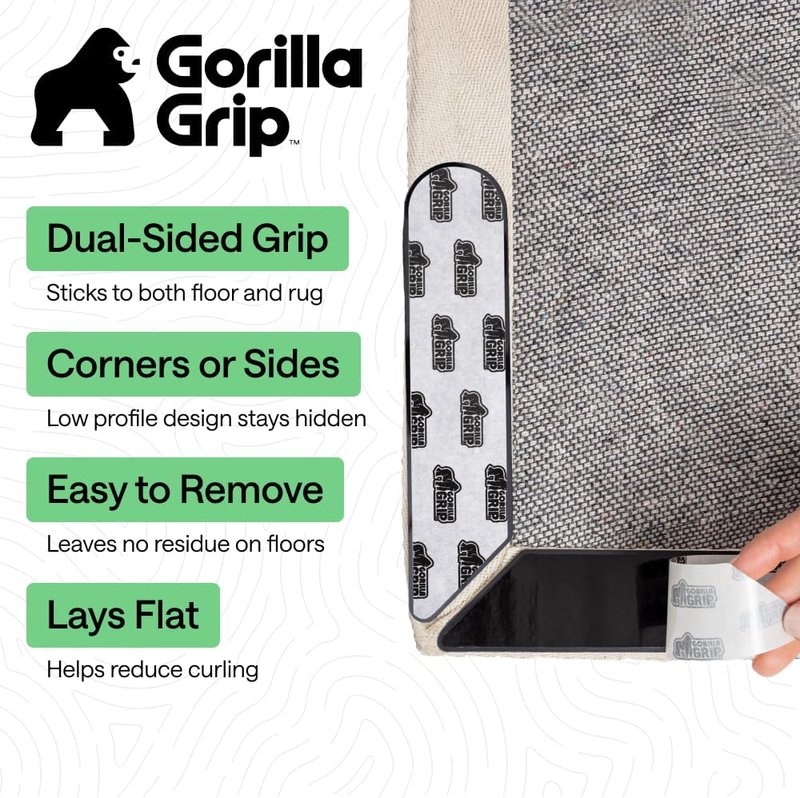 GORILLA GRIP® Rug Gripper Pads - Extra Long Double-Sided Adhesives for Area Rugs | 8 Pcs, Renter Friendly