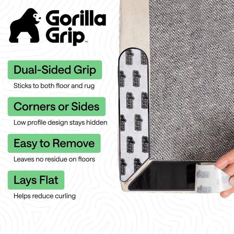 GORILLA GRIP® Rug Gripper Pads, Extra Long Reusable Double-Sided Adhesives Keep Area Rugs Corners Flat, Grips Hardwood, Tile and Laminate Floors, Renter Friendly, Holds Down Carpet in Place, 8 Pcs