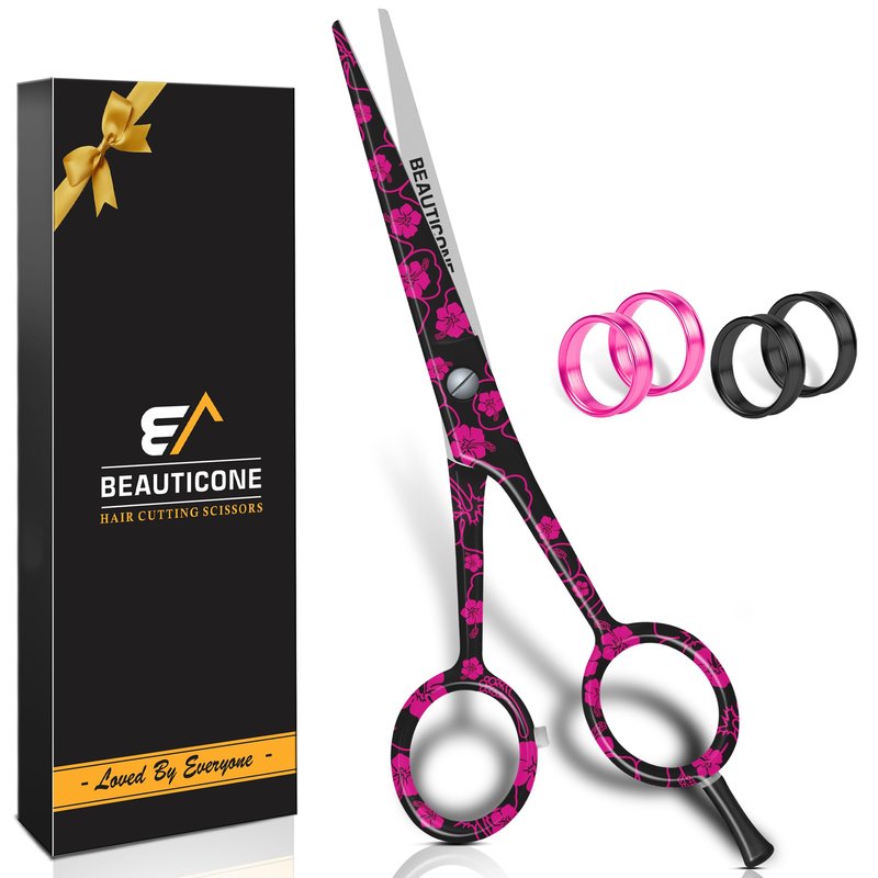 BEAUTICONE ® Hair Cutting Scissors - High Carbon SS 6.5" Professional Barber-Grade Salon Shears with Serrated & Razor Edge - Black Premium Gift Box with Leather Pouch & Extra Accs - Ultra Lightweight