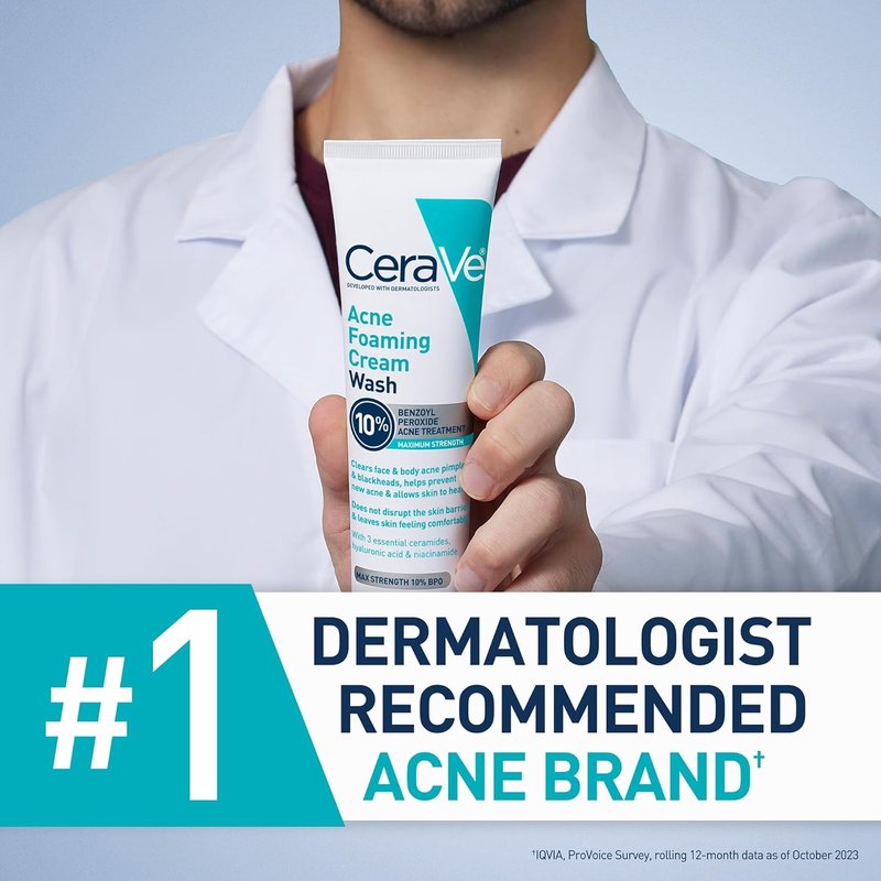 CeraVe Acne Foaming Cream Wash - Gentle Cleanser with 10% Benzoyl Peroxide & Hyaluronic Acid | 5 Oz