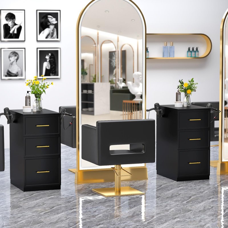 OmySalon Salon Stations for Hair Stylist, Double-Sided Barber Station with 6 Drawers & 2 Dryer Holders, Modern Hair Styling Cabinet for Beauty Salon Barbershop, Black