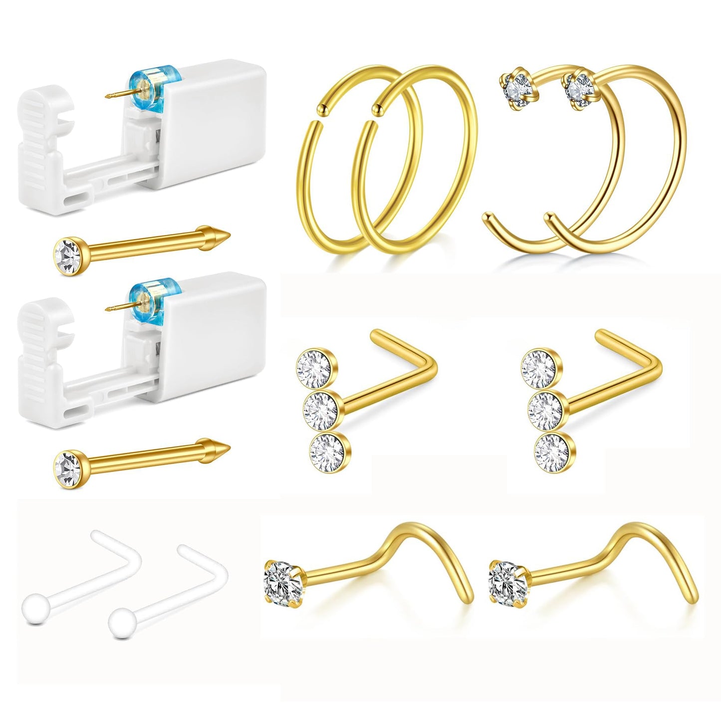 QWALIT 2pack Nose Ring Piercing Kit - Gold Nose Piercing Gun Kit