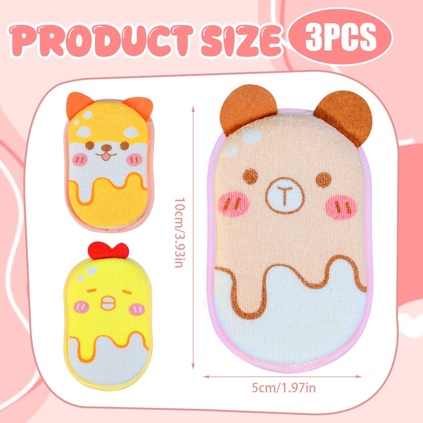 Baby and Kids Bath Loofah Sponge, Soft and Absorbent Toddler Exfoliating Body Scrubber Shower Loofa Sponge,Cute Pattern Design for Kids Baby Women Boys and Girl, 3 Pack (Bear/Dog/Chick)