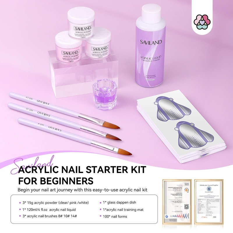 Saviland Acrylic Nail Kit for Beginners - Clear White Pink Acrylic Powder and Liquid Set 4oz Acrylic Liquid Professional Acrylic Nail Brushes for Starter Salon Home Practice DIY Nail Extension Carving
