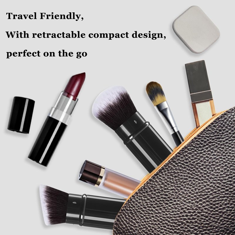 Keriloo Retractable Kabuki Makeup Brush, 2 Pack Travel Angled Powder Foundation Blush Brush Set for Blending Liquid, Bronzer, Buffing, Concealer, Blush, Highlighter, Flawless Cosmetics