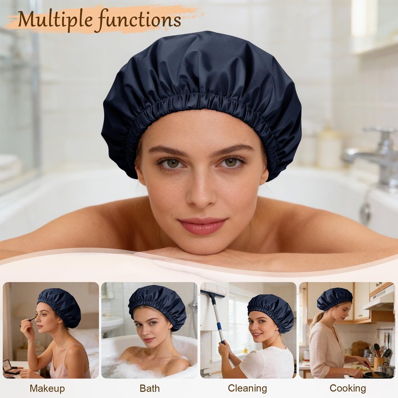 Doitory Shower Cap for Women, Reusable Waterproof Shower Cap Satin Lined with Soft Elastic Band, Large Washable Bath Caps(Navy Blue)