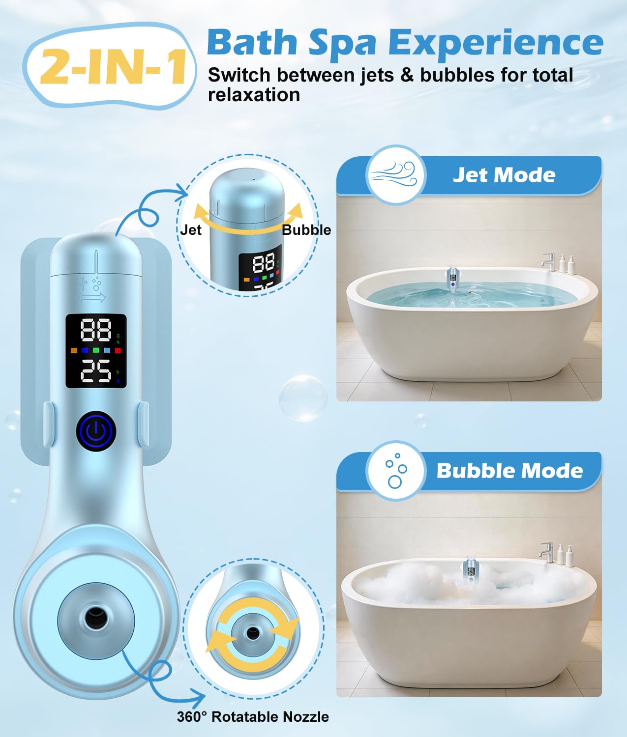 Bath Jet Spa for Tub, 10400mAh Rechargeable Bathtub Jet with Smart Temperature Sensor & LED Display, Portable Jet Spa with Bubble/Jet Mode & Adjustable Speed, IPX8 Waterproof for Daily Home Spa