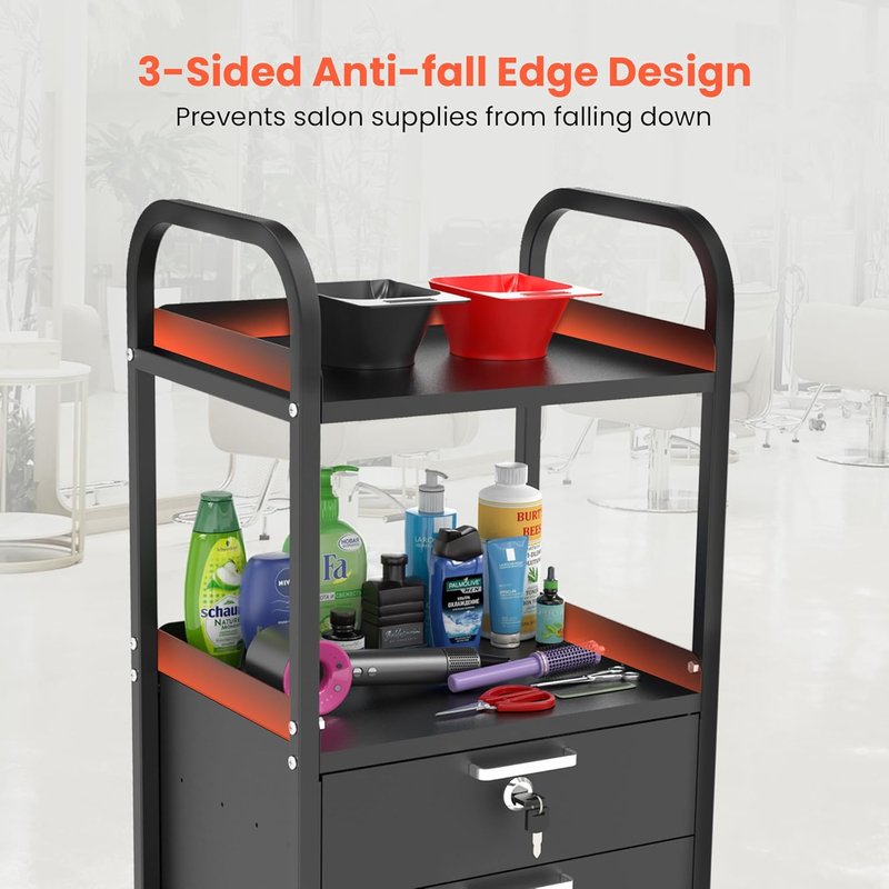 Metal Salon Trolley Cart with Wheels - 4-Tier Rolling Tray Organizer for Hair Stylists & Estheticians | Lockable Drawers & Durable Design