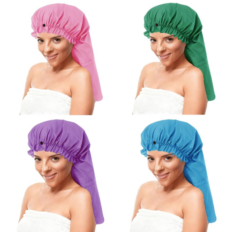 ELEBOX 4 Pack Extra Large Shower Cap for Braids/Curly Hair/Dreadlock | XL Bathing Cap with Adjustable Drawstring & Button | Reusable Waterproof Long Bonnets for Women Shower/Cooking/Cleaning/Spa