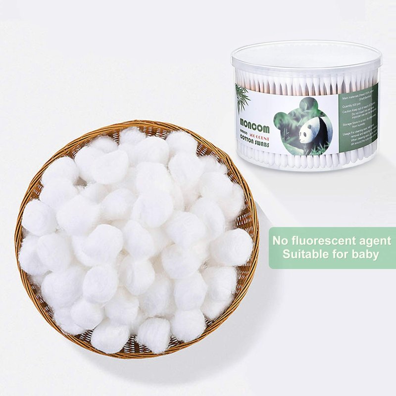 MONCOM Cotton Swabs 500 Count Double Round Thick Tips I Biodegradable Eco-Friendly Strong Wooden Sticks Cotton Swabs For Ears | Firm Qtips cotton swabs | Natural Cotton Buds, 2.8 inch, One Small box