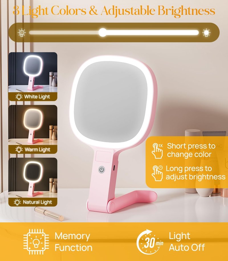 Gospire Travel Vanity Mirror - 6.8" 3-in-1 Dual-Sided LED, 1X/10X Magnification | Pink Velvet Pouch