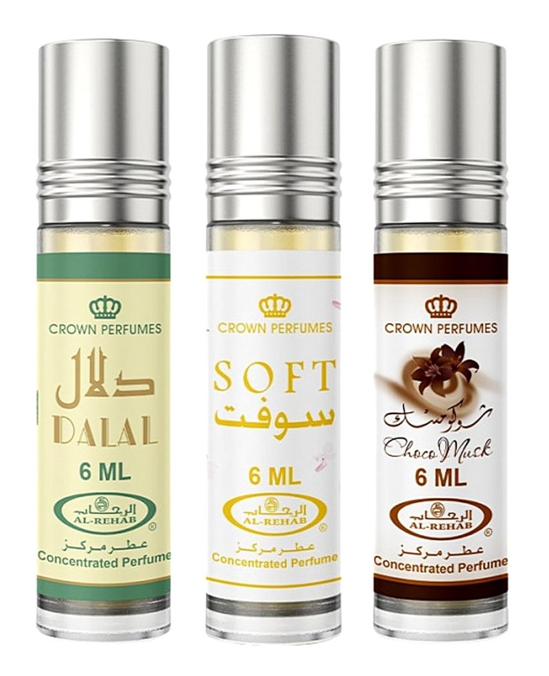 Al Rehab Perfume Oil Rollerball Set | 3-Piece Collection - Choco Musk, Soft, Dalal (0.2 oz Each)