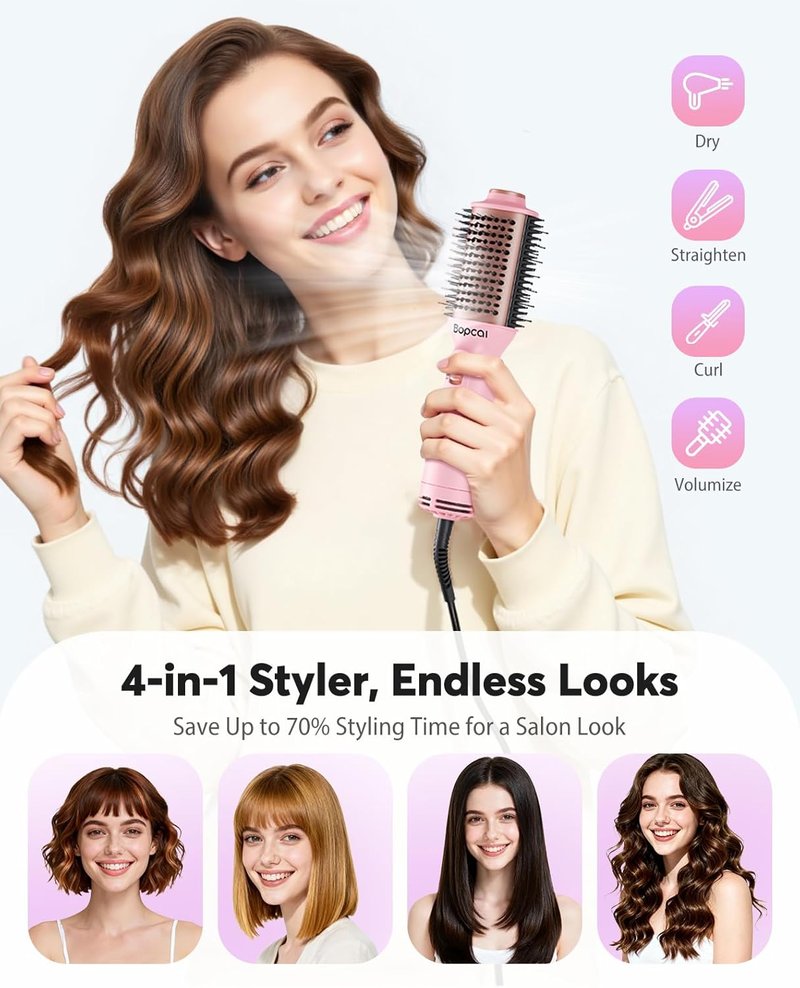 Bopcal 2" Travel Blow Dryer Brush - 4-in-1 Ionic Hot Air Brush for Volumizing, Straightening & Curling | Dual Voltage 100-240V
