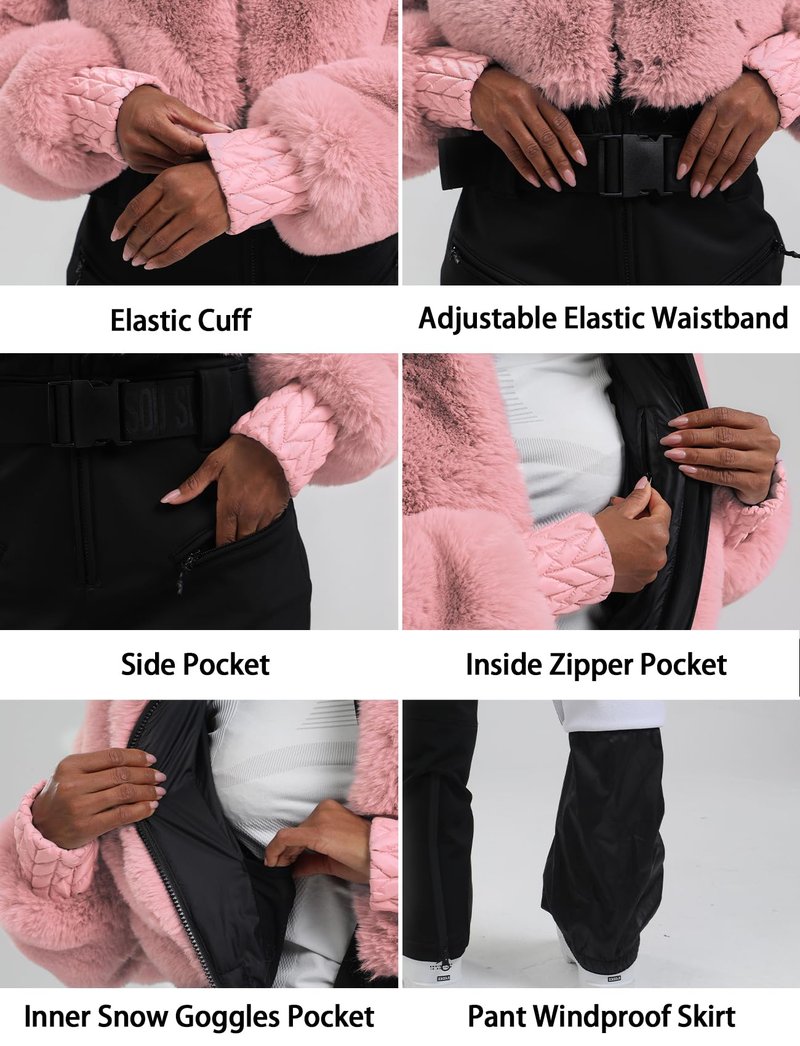GSOU SNOW Women Ski Suit One Piece Snowsuit Snowboard Faux Fur Collar Slim Jumpsuit Jacket Insulated Windproof Outdoor Winter Pink S