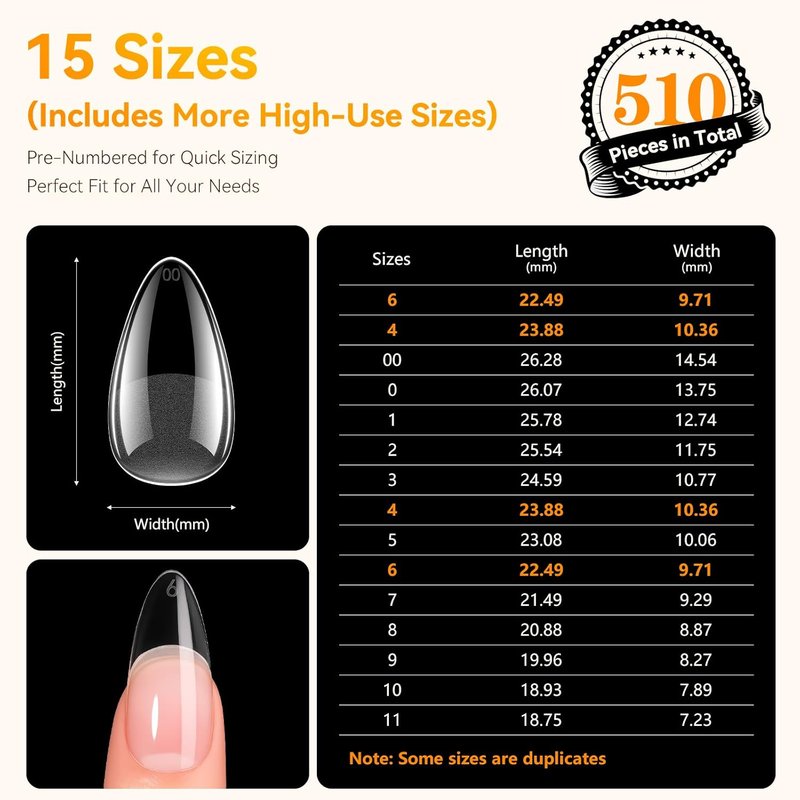 Makartt Almond Nail Tips - 510pcs Full Cover Medium Almond Fake Nails | 15 Sizes Soft Gel Half Matte for DIY Extensions