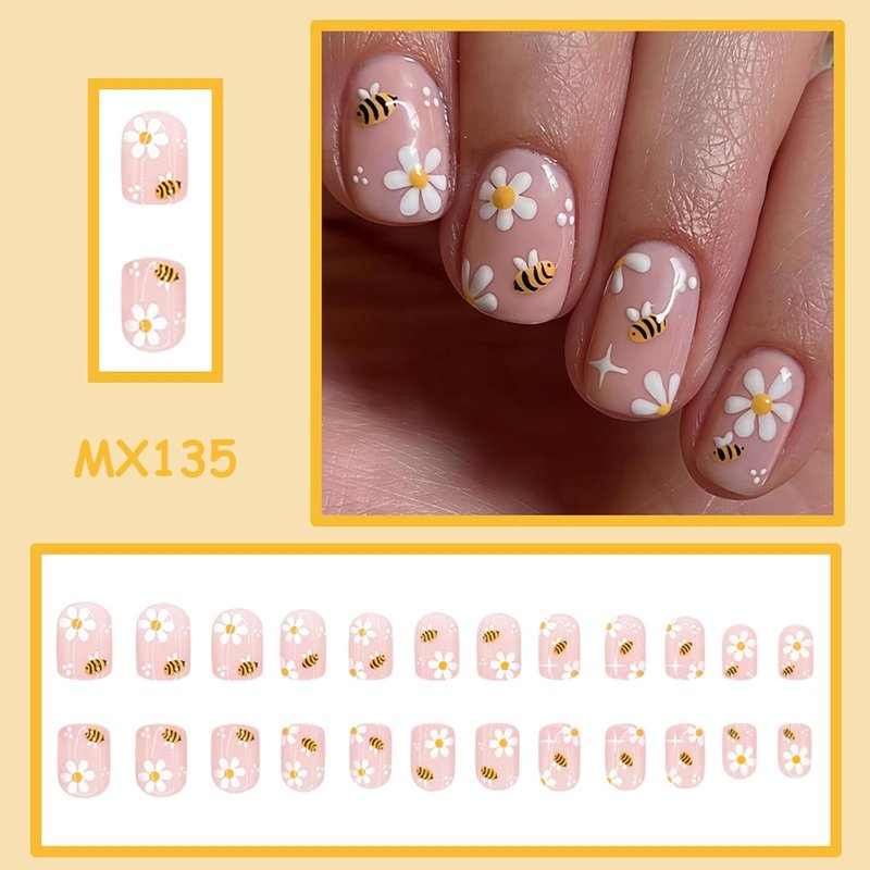 Press On Nails - Short Square Floral Design with Bee | 24 Pcs Glossy Artificial Nails for Spring & Summer