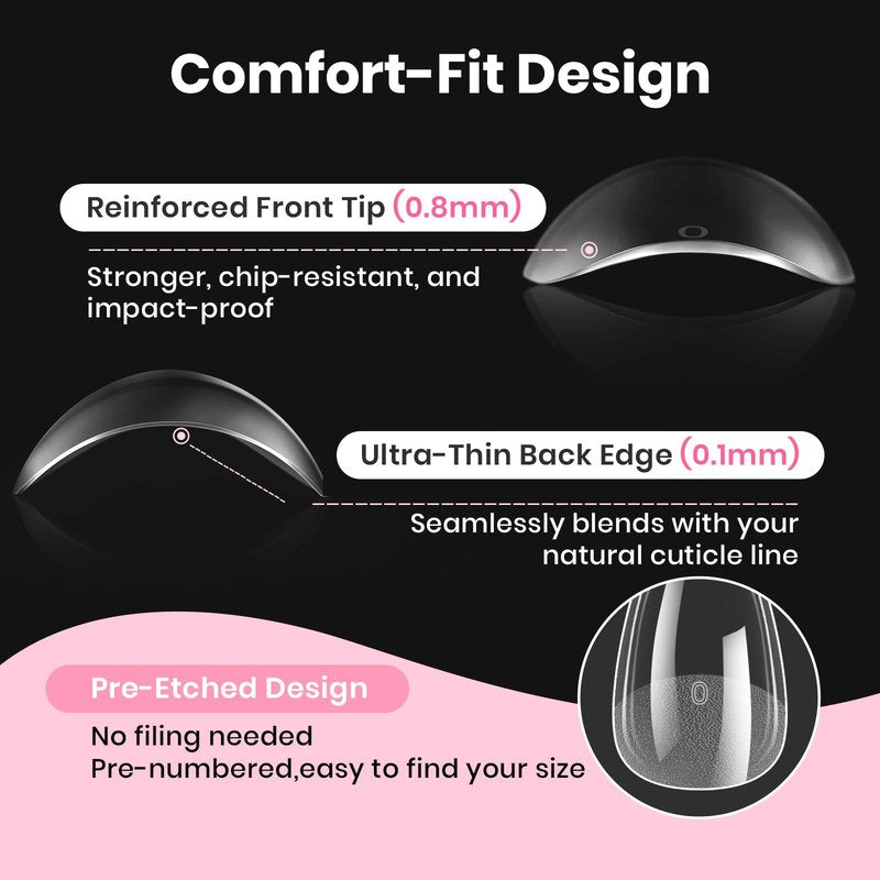 Beetles Gel Nail Kit Etch-X, Almond Medium, 288pcs 12 Sizes Nail Tips, 3Pcs 15ml HEMA-Free Nail Glue Top Coat & Base Gel Set, with Mini Lamp, Press On Nail, Long Lasting Extension DIY Set at Home